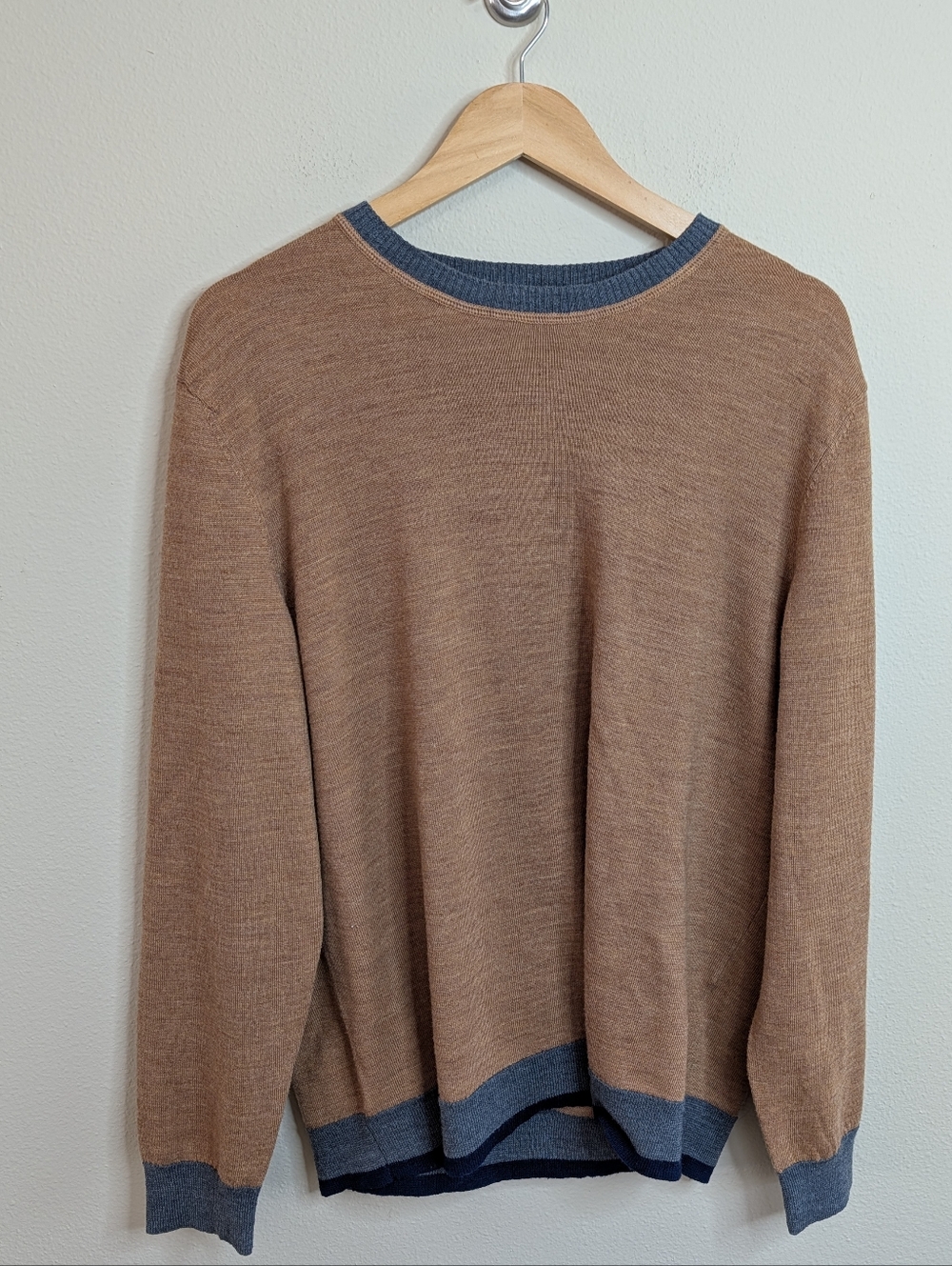 Tasso Elba Merino Wool Blend Crewneck Sweater XXL Camel Blue Stripe‎ Colorblock
